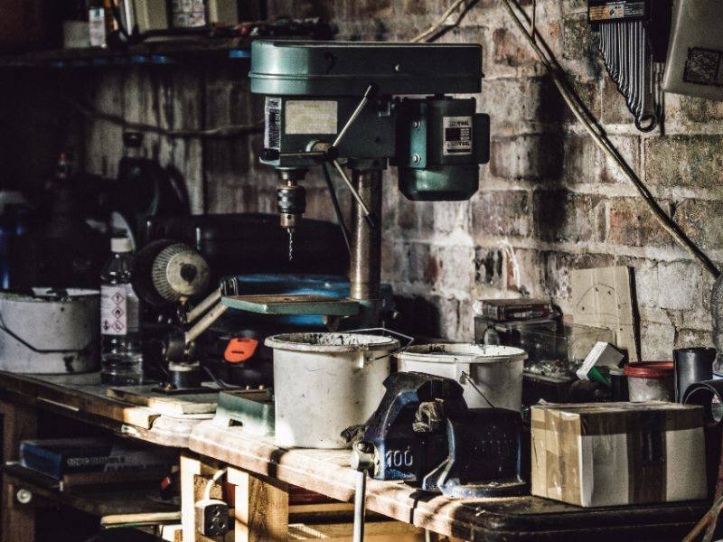 Workshop bench with tools